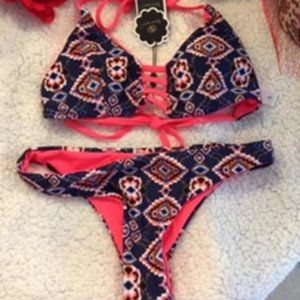 SHERRY007 BLUE/ORANGE PRINT BIKINI SIZE SMALL